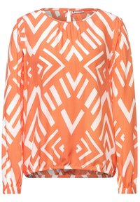 Long-sleeve blouse in coral with white geometric pattern, featuring a round neckline and gathered hemline for a relaxed fit.