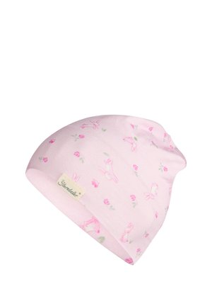 Weiche rosa Baby-Mütze mit kleinen rosa Hasen- und Blumenmotiven, versehen mit einem beigen Stoffetikett mit Markennamen.