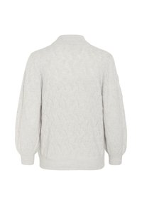Heled hall villase sweater, millel on tekstureeritud muster, puhvvarrukad ja soonikkoes krae. Pehme, keskmise kaalu kangas.