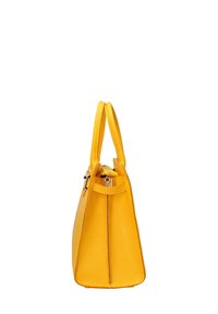 Borsa a mano gialla in pelle con due manici, zip visibile e hardware argentato, mostrata da un lato su uno sfondo bianco.
