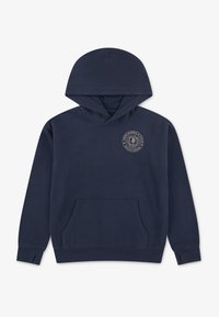 Σκούρο μπλε φούτερ με κουκούλα φτιαγμένο από μαλακό ύφασμα, διαθέτει μπροστινή τσέπη και κυκλικό λογότυπο στο στήθος. Ραμμένα μανσέτα και τελείωμα.