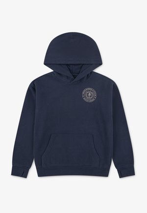 Tamsiai mėlynas su kapuce pagamintas džemperis iš minkštos medžiagos, su priekinėmis kišenėmis ir apvaliu logotipu krūtinėje. Rungtynių rankogaliai ir apačia.