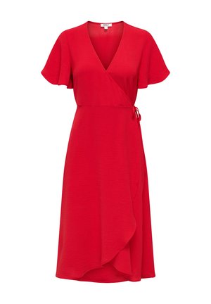 Punainen kietaisumekko, jossa on lyhyet liehuvat hihat, V-kaula-aukko ja sivusolmu sekä liehuva epäsymmetrinen helma.