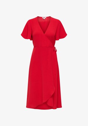 Punainen kietaisumekko, jossa on lyhyet liehuvat hihat, V-kaula-aukko ja sivusolmu sekä liehuva epäsymmetrinen helma.