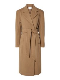 Brown, belted wool coat with a notch collar, long sleeves, and vertical seams, featuring a knee-length design and side pockets.