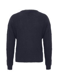 Donkerblauwe gebreide trui met een textuurpatroon, brede halslijn en lange mouwen. Heeft ribgebreide manchetten en zoom voor een aansluitende pasvorm.