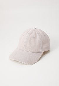 Light gray baseball cap made of cotton, featuring a curved brim, six-panel construction, and embroidered eyelets for ventilation.