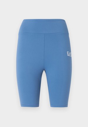 Μπλε σορτς ποδηλασίας με ψηλή μέση, ελαστική ζώνη μέσης και μικρό λευκό λογότυπο EA7 Emporio Armani στο δεξί μηρό.