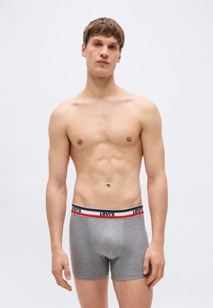 Νεαρός άνδρας στέκεται μπροστά σε απλό φόντο φορώντας γκρι εσώρουχα boxer της Levi's με λογότυπο στη μέση, κοιτάζοντας ευθεία μπροστά.