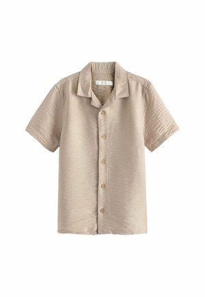Chemise beige à manches courtes avec boutons, en tissu texturé et col plié, présentée sur fond blanc.