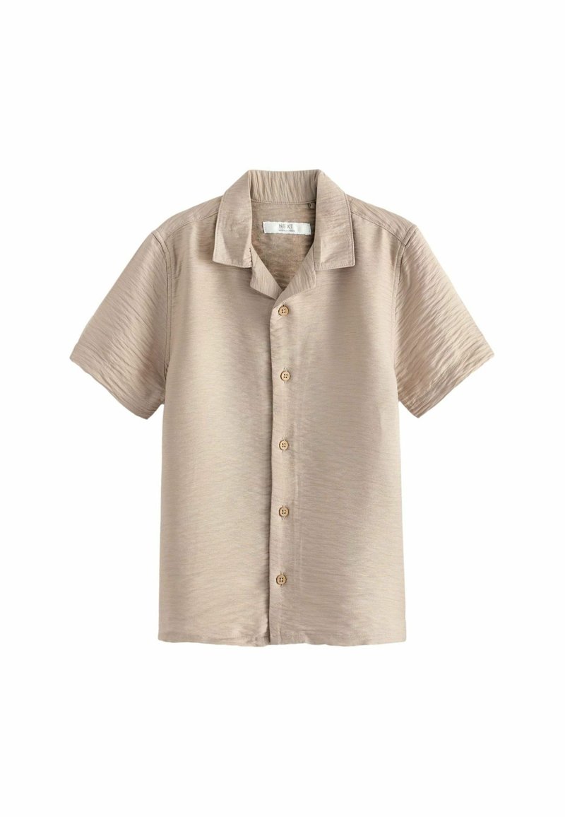 Chemise beige à manches courtes avec boutons, en tissu texturé et col plié, présentée sur fond blanc.