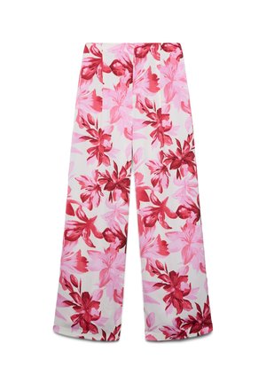 Pantaloni a gamba larga con vita alta e stampa floreale rosa e rossa su sfondo bianco.