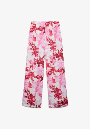 Pantalon à jambes larges avec taille haute et imprimé floral rose et rouge sur fond blanc.