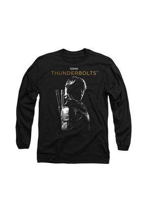 Schwarzes Langarmshirt mit weißer Silhouette eines Charakters, der zwei Schwerter hält, und dem Schriftzug "Marvel Studios Thunderbolts" darüber.