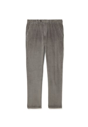 Pantaloni in corduroy grigio con design a gamba dritta, due tasche frontali e chiusura con bottone. Il tessuto presenta una sottile trama a righe.