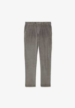 Graue Cordhosen mit geradem Bein, zwei vorderen Taschen und einem Knopfverschluss. Der Stoff hat eine dezente gerippte Textur.