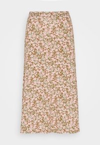 Jupe maxi florale marron avec des motifs roses et verts. Dotée d'une taille élastique, d'un tissu léger et d'une silhouette droite.