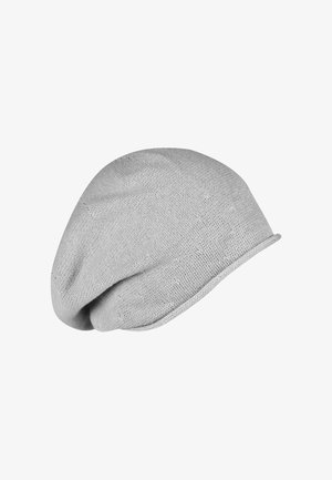 Cappello beanie grigio realizzato in materiale lavorato a maglia testurizzata, caratterizzato da un design slouchy con finitura liscia sui bordi e sottili dettagli di cucitura.