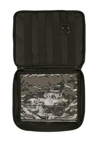 Black zippered case with an open exterior displaying a transparent inner pocket. Features vertical straps for organization on the inside.