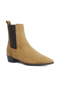 Tan suede Chelsea boots with a pointed toe, elastic side panels, and a low block heel. Smooth texture and clean design.