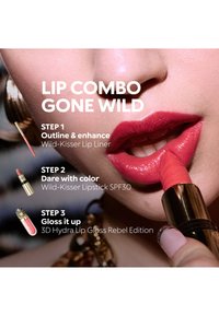 Close-up of lips applying bold red lipstick with text detailing three-step lip makeup combo: liner, lipstick with SPF30, and glossy finish.