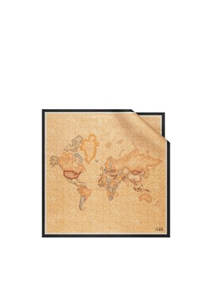 Puzzle mappa del mondo in stile vintage con paesi in toni terrosi, parzialmente assemblato e incorniciato, con un angolo arricciato in alto a destra.
