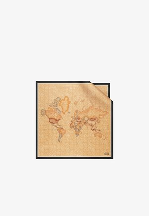 Puzzle mappa del mondo in stile vintage con paesi in toni terrosi, parzialmente assemblato e incorniciato, con un angolo arricciato in alto a destra.