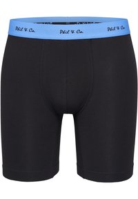 Svarta boxerkalsonger med ett ljusblått resårband som har "Phil & Co." i mörkblå bokstäver. Tillverkade av ett mjukt, elastiskt material.