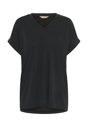 Black short-sleeve V-neck top with a relaxed fit, crafted from smooth fabric. Features rolled sleeves and a slightly curved hem.