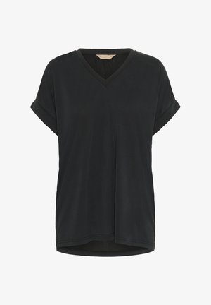 Black short-sleeve V-neck top with a relaxed fit, crafted from smooth fabric. Features rolled sleeves and a slightly curved hem.