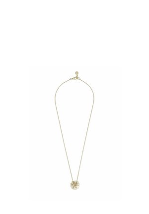 Feine goldene Halskette mit einem kleinen, detaillierten blumenförmigen Anhänger und einem Karabinerverschluss mit Verlängerungskette.