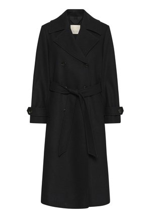 Black wool trench coat with a double-breasted design, wide lapels, tie belt, and buttoned cuff accents. Smooth texture, knee-length.