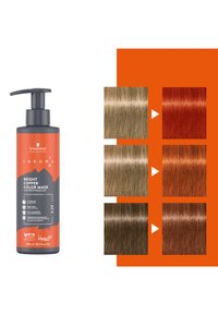 Helle Kupferfarbene Maske in einer Pumpflasche. Orangenes Etikett auf grauem Untergrund. Enthält Haartönungsproben in Kupfer- und Brauntönen.