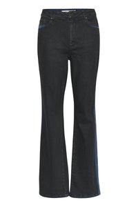 Black denim flared jeans with a mid-rise waist, featuring five pockets, blue stitching accents, and a smooth texture.