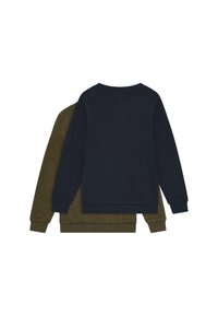 Dos sudaderas de manga larga de cuello redondo lisas, una de color azul marino superpuesta sobre una de color verde oliva, exhibidas planas con las espaldas hacia el frente.