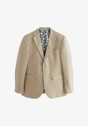 Beige liinaaniblaaser kahel esi taskul, sälguga kraed ja värviline geomeetriline vooder. Sisaldab kaht nupulahted.