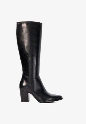 Black leather knee-high boot with a square toe, block heel, and smooth texture. Features minimal stitching and a sleek design.