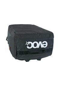 Borsa rettangolare nera con superficie texturizzata, caratterizzata da un grande logo bianco, cinghie laterali e una parte superiore liscia, progettata per durabilità e funzionalità.