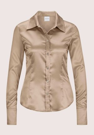 Satin long-sleeve shirt in beige with a pointed collar, front buttons, and a fitted silhouette. Smooth texture with a shiny finish.