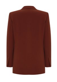 Veste blazer marron sur mesure à manches longues, vue de dos, avec un col cranté et un ourlet droit.