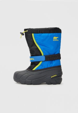 Niebieskie i czarne izolowane zimowe buty z gumową podeszwą, z żółtym akcentem i rzepem z logo "SOREL".