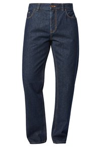 Tummansiniset denim-farkut rentoa leikkausta, joissa on viisi taskua, oranssia tikkausta ja napin sulkeminen vyötäröllä.