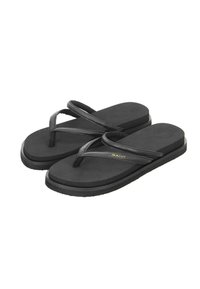 Black flip-flops with a textured sole, featuring flexible straps and a logo in gold. Minimalist design with a flat profile.