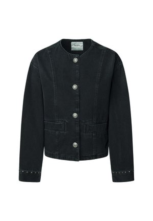 Schwarze Denimjacke mit Rundhalsausschnitt, vorderem Knopfverschluss, zwei Vordertaschen und Nietenakzenten an den Saumkanten der Ärmel.