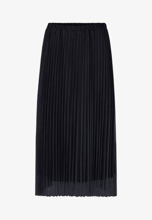 Black pleated skirt made from lightweight fabric. Features an elastic waistband, cascading pleats, and a sheer layered hem.