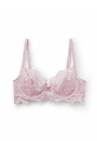 Soutien-gorge en dentelle rose avec armatures, motif floral, bonnets souples, bretelles réglables et un détail de bouton central. Dos lisse avec dentelle texturée.