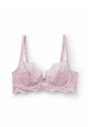 Pink lace bra with underwire, floral pattern, soft cups, adjustable straps, and a center button detail. Smooth back with textured lace.
