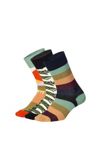 Dreierpack Baumwollsocken mit unterschiedlichen Designs: eine mit grünen Streifen, eine mit einem schwarzen Katzenmotiv und eine dritte in kräftigen Farben.