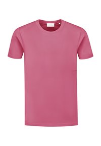 Rosa Baumwoll-T-Shirt mit kurzen Ärmeln, rundem Ausschnitt und glatter Textur. Verfügt über ein kleines Markenetikett am Saum.