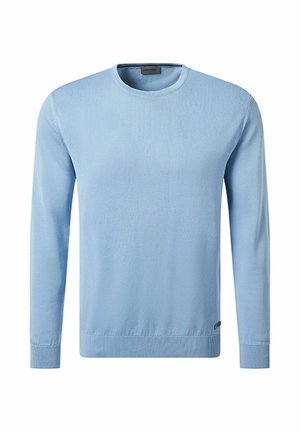 Lichtblauwe lange mouw sweater van textuurstof met een ronde hals. Geribde manchetten en zoom; subtiel merkembleem aan de onderzijde.